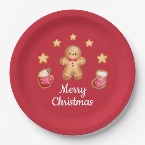 Red Cute Gingerbread Man Merry Christmas Paper Plates