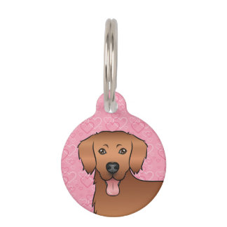 Red Cute Golden Retriever Dog Head On Pink Hearts Pet ID Tag