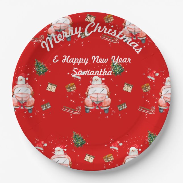 Red cute Happy Santa Christmas gift for wife Paper Plates (Front)