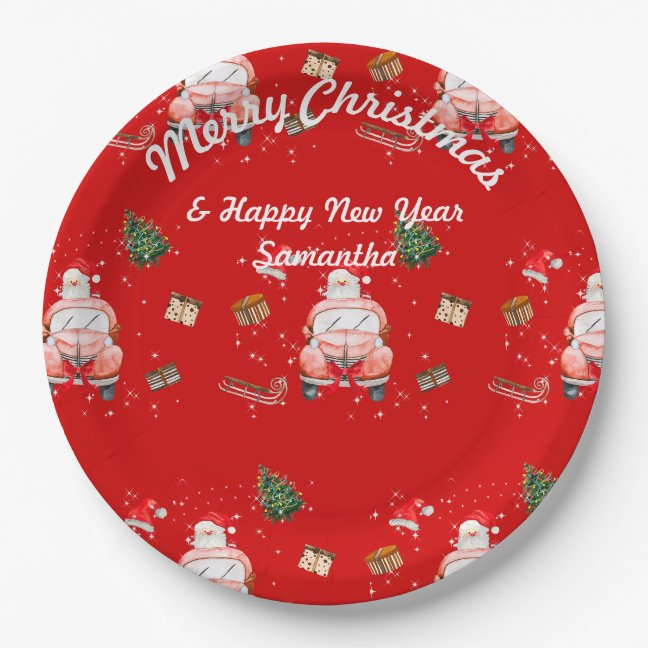 Red cute Happy Santa Christmas gift for wife Paper Plates