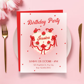 Red cute heart birthday cake invitation