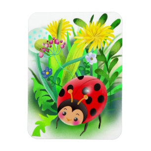 red, cute ladybug on a background of grass and flo magnet