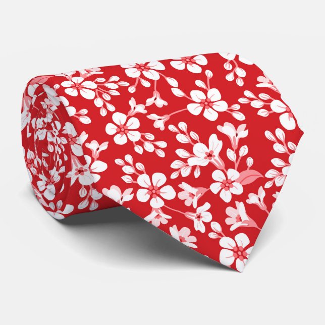 Red cute little floral pattern neck tie (Rolled)