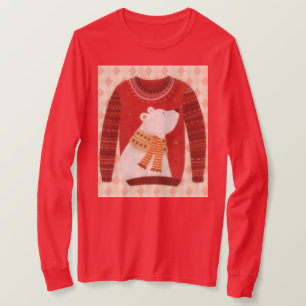 Red Cute Polar Bear Ugly Sweater Art on T-Shirt
