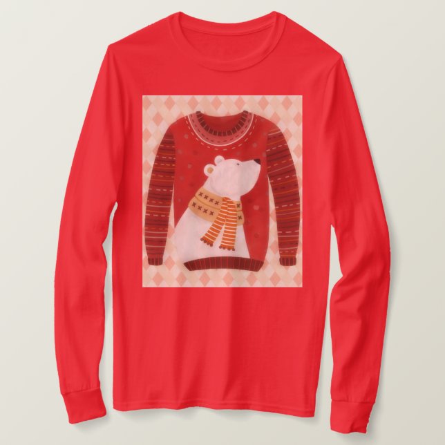Red Cute Polar Bear Ugly Sweater Art on T-Shirt (Design Front)
