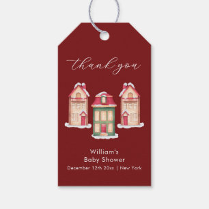 Red Cute Snow Gingerbread Village Baby Shower Gift Tags
