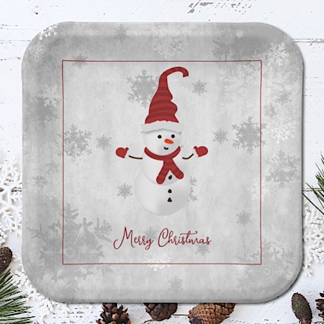 Red Cute Snowman Paper Plate (Red Cute Snowman Christmas Paper Plates)