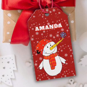 Red Cute Snowman Personalized Kids Christmas Gift Tags