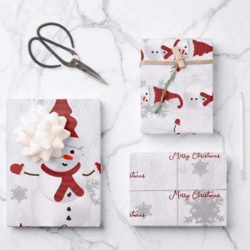 Red Cute Snowman Wrapping Paper Sheets