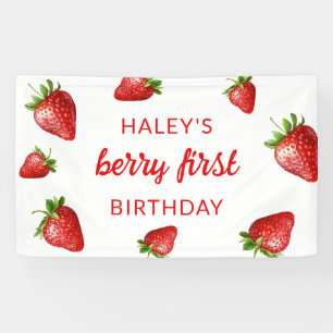 Red Cute Strawberry Berry First 1st Baby Birthday Banner