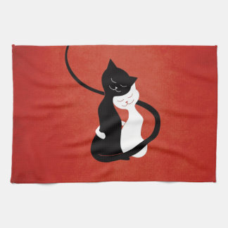 Red Cute White And Black Cats In Love Kitchen Towel