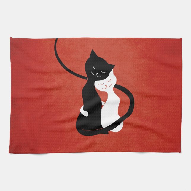 Red Cute White And Black Cats In Love Kitchen Towel (Horizontal)