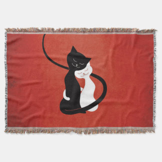 Red Cute White And Black Cats In Love Throw Blanket
