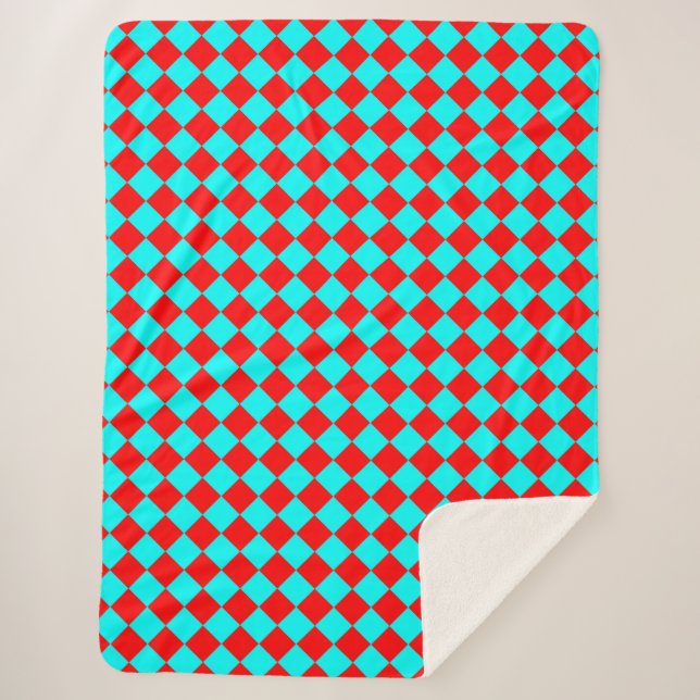 Red Cyan Checker Diamond Pattern Sherpa Blanket (Front)