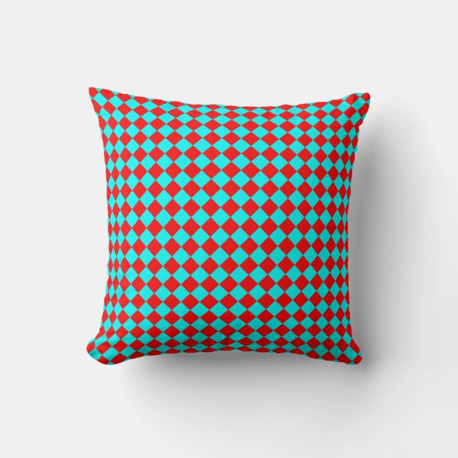 Red Cyan Checker Diamond Pattern Throw Pillow (Front)
