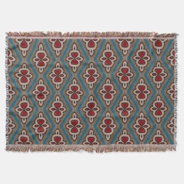 Red Cyan Copper Azulejos Tile Pattern Elegance Throw Blanket (Front)