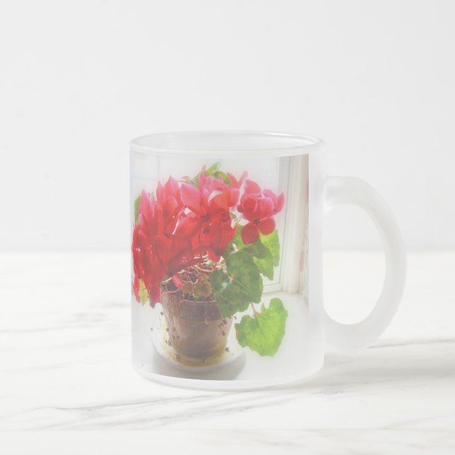 Red Cyclamen Flowers Frosted Glass Coffee Mug (Right)