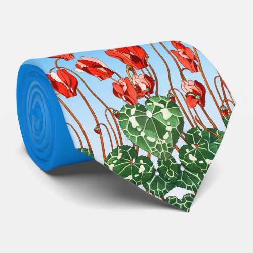 RED CYCLAMENSGREEN LEAVES IN BLUE SKY Floral  Neck Tie