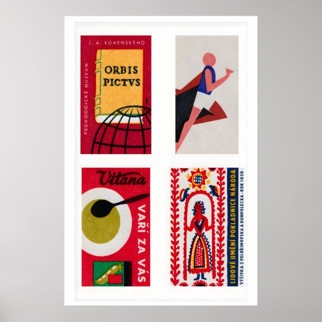 Red Czechoslovak Matchbox Labels Grid Print (Front)