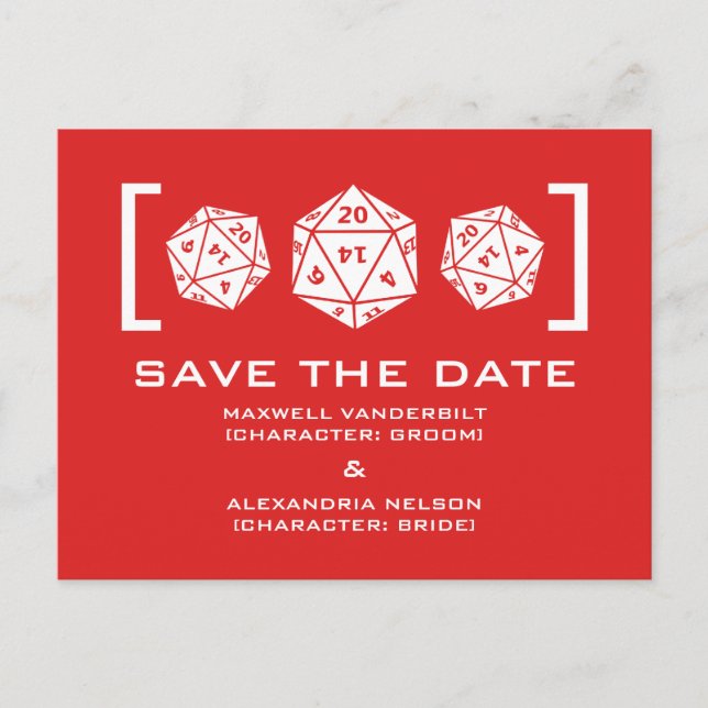 Red D20 Dice Gamer Save the Date Postcard (Front)