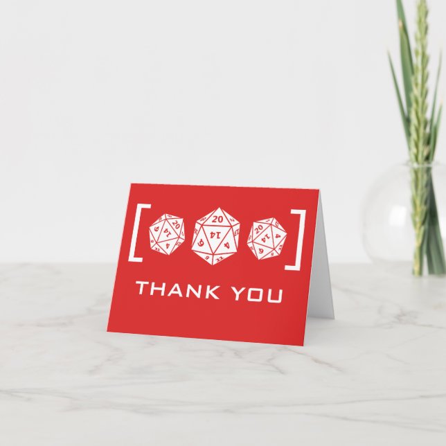 Red D20 Dice Gamer Wedding Thank You Card (Front)