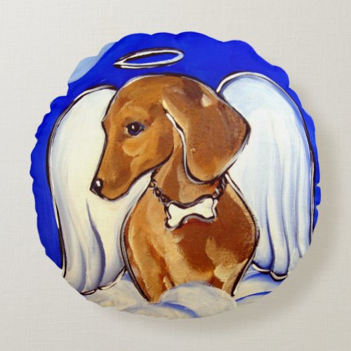 Red Dachshund Angel Round Pillow