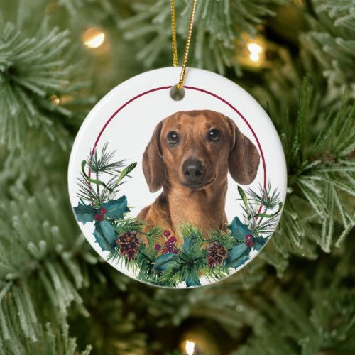 Red Dachshund Dog Evergreen Wreath Ceramic Ornament