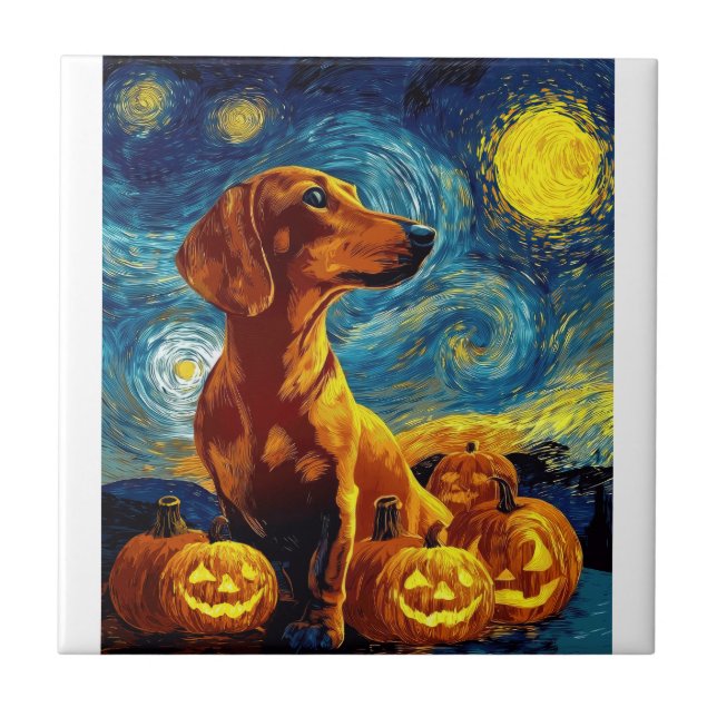 Red Dachshund of van gogh starry night halloween F Ceramic Tile (Front)