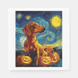 Red Dachshund of van gogh starry night halloween F Napkins