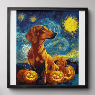 Red Dachshund of van gogh starry night halloween F Peel And Stick Photo Tile