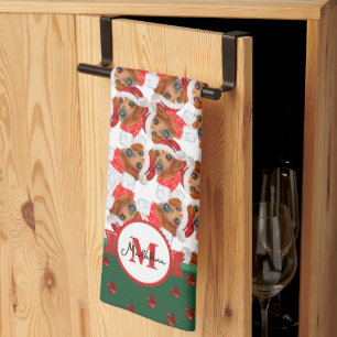 Red Dachshund Pattern Monogram Christmas Dog Kitchen Towel