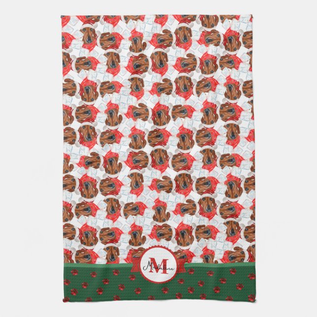 Red Dachshund Pattern Monogram Christmas Dog Kitchen Towel (Vertical)