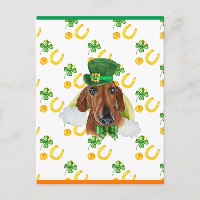Red Dachshund Shamrock St. Patricks Day Holiday Postcard (Front)