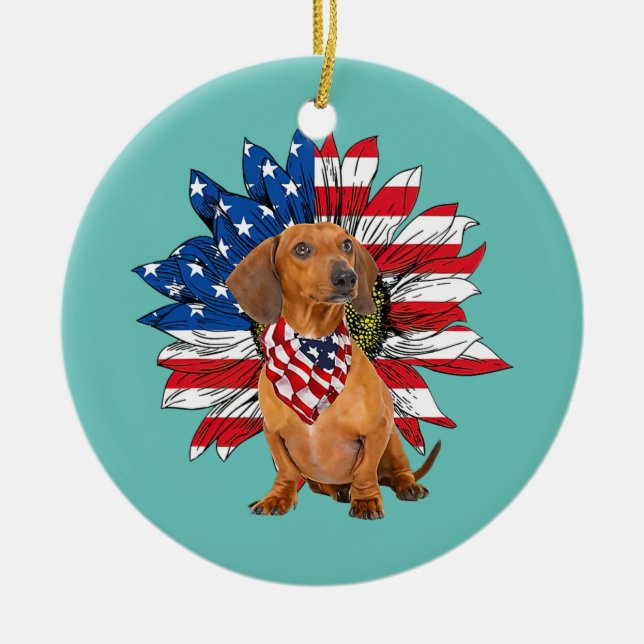 Red Dachshund Sunflower American Flag Ceramic Ornament (Front)