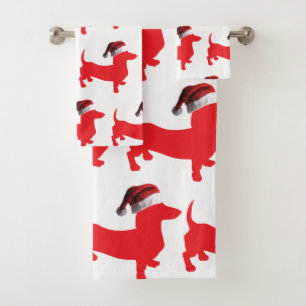 Red Dachshund wearing a Santa Claus Hat Bath Towel Set