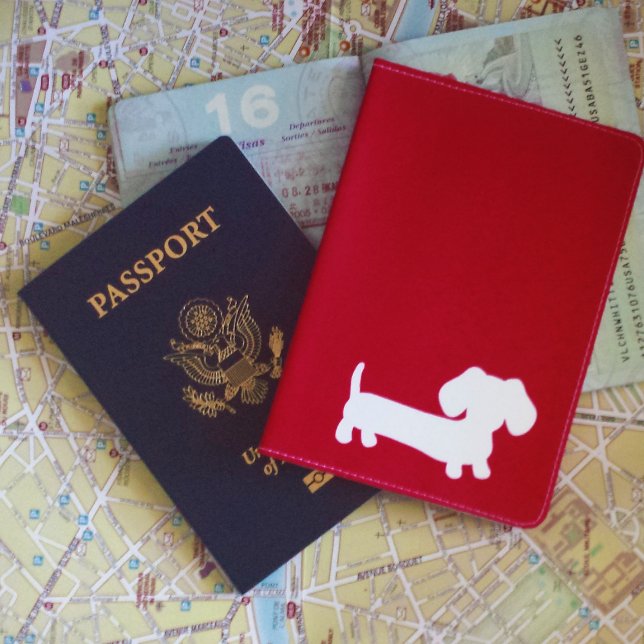 Red Dachshund Wiener Dog Passport Cover Travel (Dachshund passport cover - lots of colors - red, pink, blue and more)