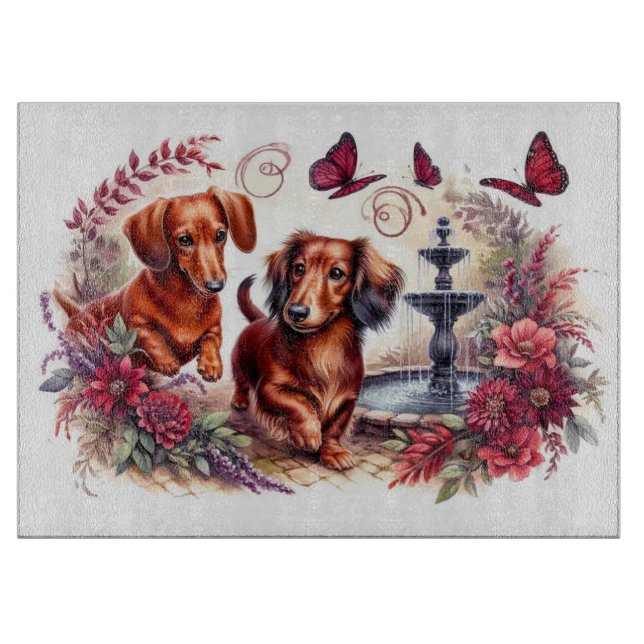 Red Dachshunds in the Garden Cutting Board: Cutting Board (Front)