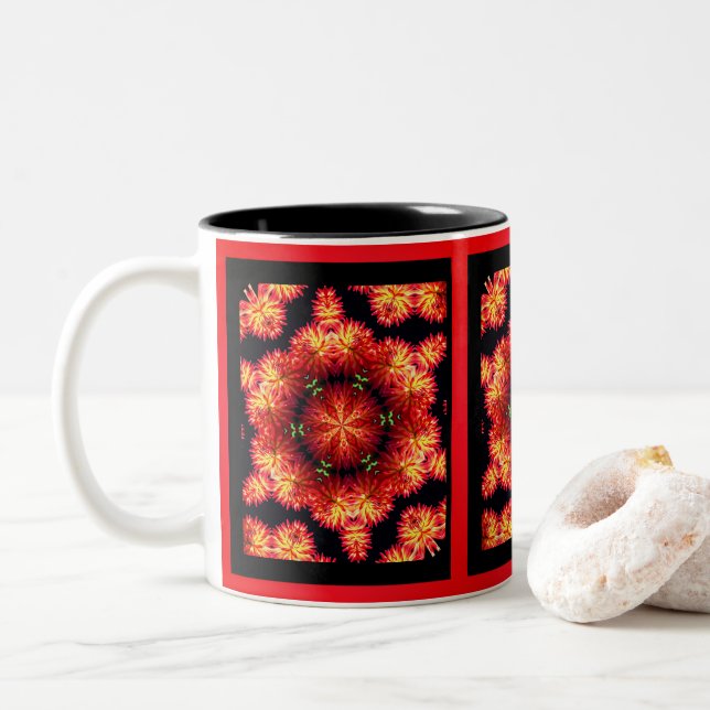 Red Dahlia Abstract Flower Art Two-Tone Coffee Mug (With Donut)