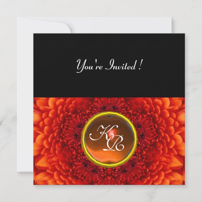 RED DAHLIA, AGATE  monogram ,bright  black yellow Invitation (Front)
