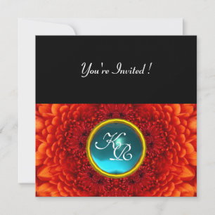 RED DAHLIA, AQUAMARINE ,bright blue black yellow Invitation
