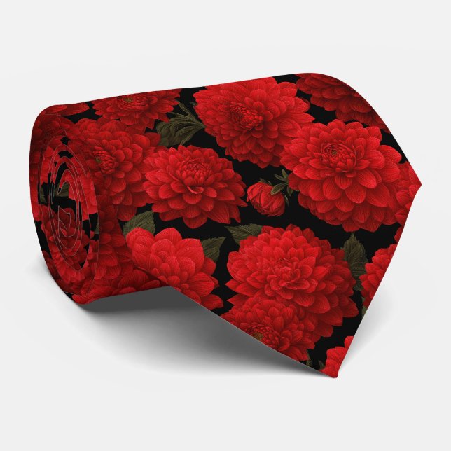 Red Dahlia Floral Pattern Neck Tie (Rolled)