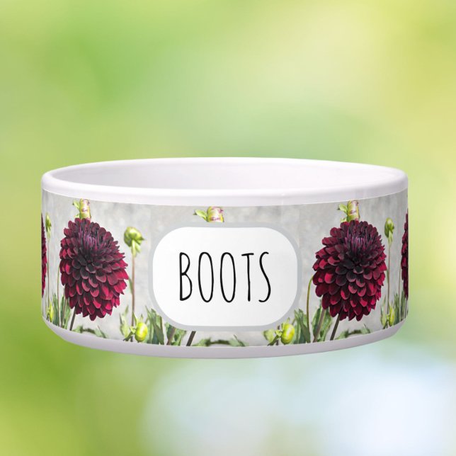 Red Dahlia Floral Pattern Personalized Pet Bowl (In Situ)