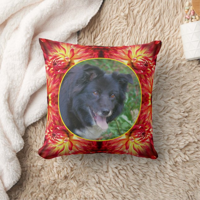 Red Dahlia Flower Frame Create Your Own Pet Photo Throw Pillow (Blanket)