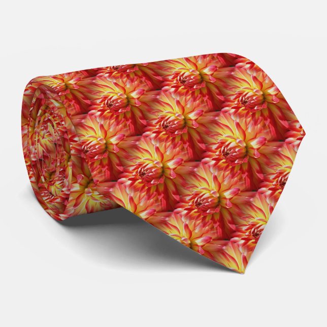 Red Dahlia Flower Pattern Nature Neck Tie (Rolled)