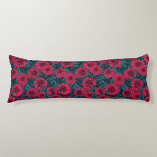 Red Dahlia garden/blue leaves Body Pillow