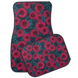 Red Dahlia garden/blue leaves Car Floor Mat