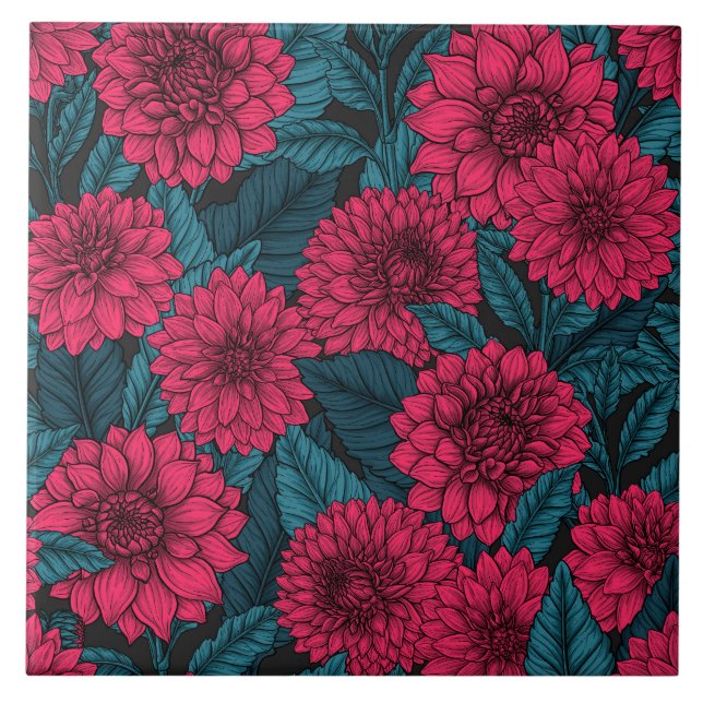 Red Dahlia garden/blue leaves Ceramic Tile (Front)