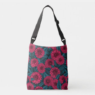 Red Dahlia garden/blue leaves Crossbody Bag