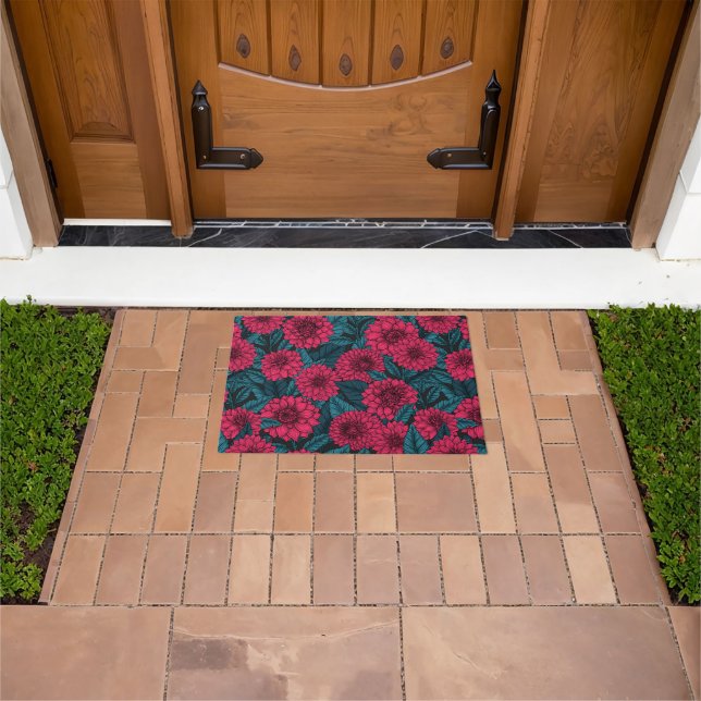 Red Dahlia garden/blue leaves Doormat (Outdoor)