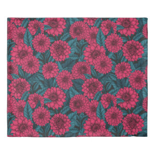 Red Dahlia garden/blue leaves Duvet Cover
